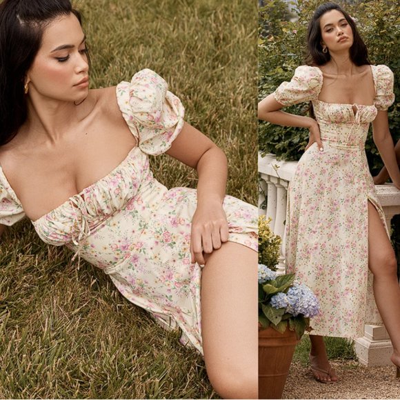 House of CB Dresses & Skirts - HOUSE OF CB 'Tallulah' Lemon Floral Puff Sleeve Midi Sundress NWOT